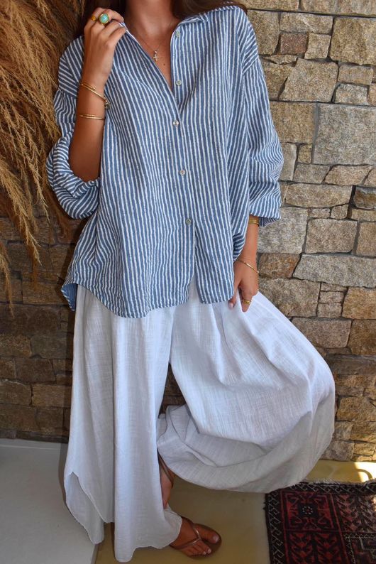 Sundaze Cheesecloth Chalk Stripe Boyfriend Shirt Denim